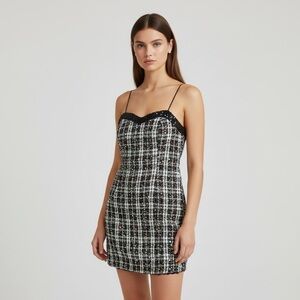 🌻NEW w/tags Walter Baker Amberly Broadway Tweed Strapless Mini Dress Fringe Seq